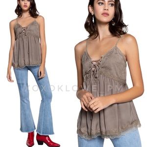 POL Dark Olive Crinkle Satin Baby Doll Lace Up Top